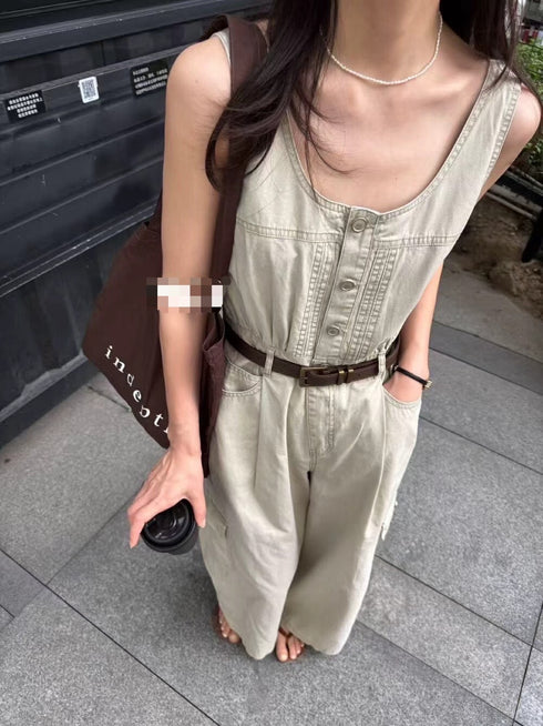 Wide Neck Sleeveless Belted Loose-wear Jumpsuit